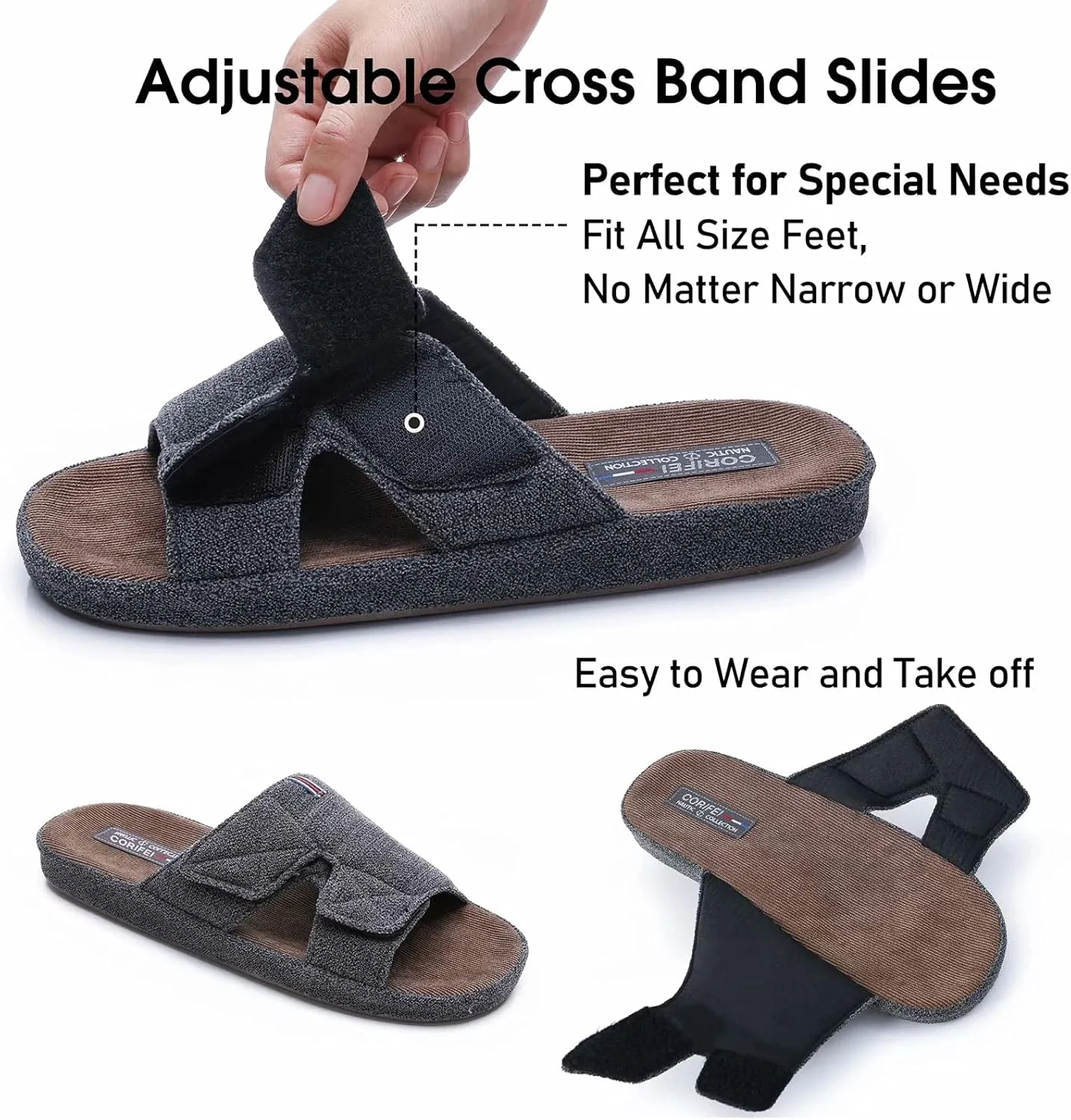 Men's Open Toe Slippers Adjustable House Slippers with Arch Support Cross Band Anti-Slip Indoor Outdoor Slides