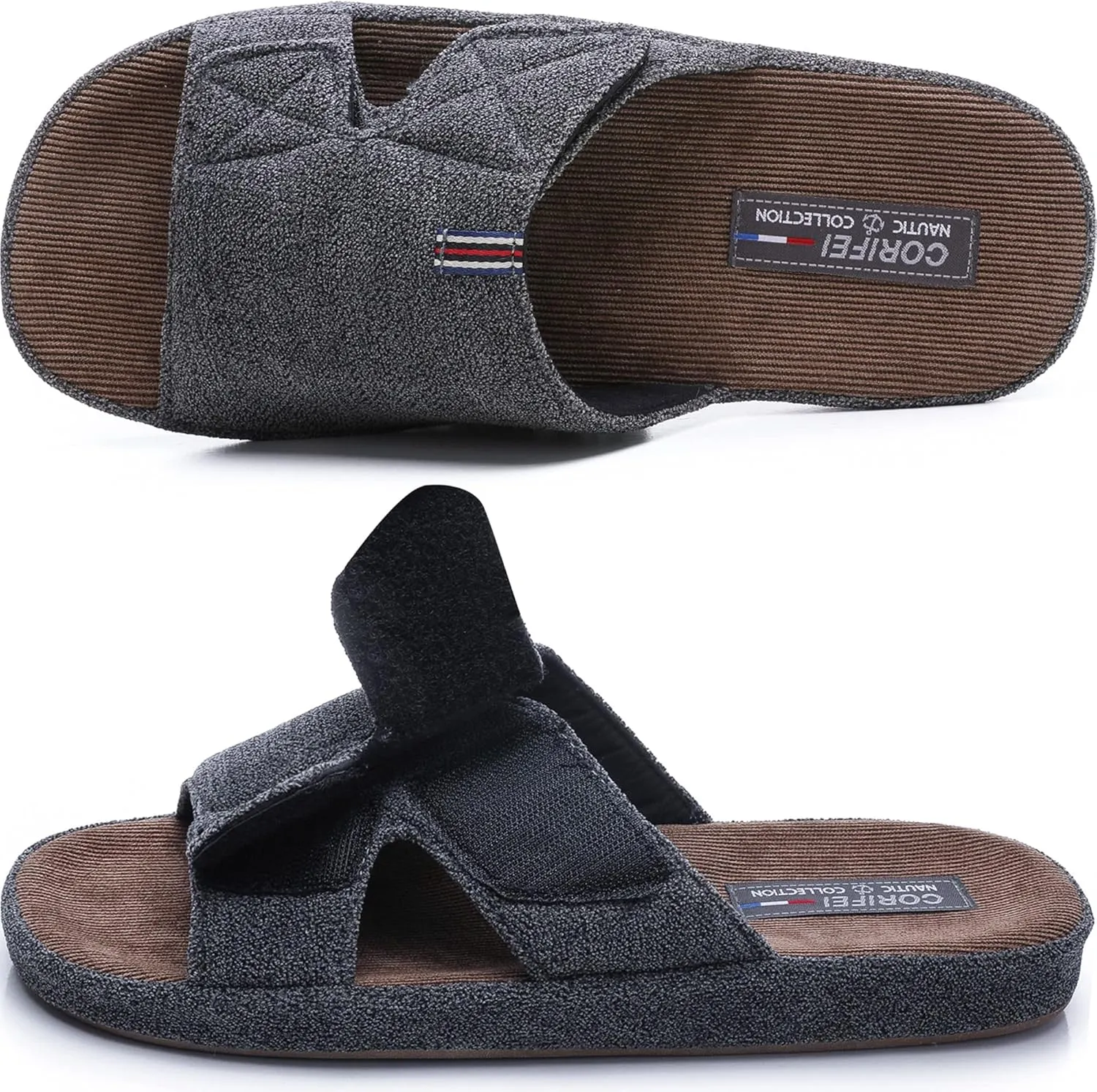 Men's Open Toe Slippers Adjustable House Slippers with Arch Support Cross Band Anti-Slip Indoor Outdoor Slides