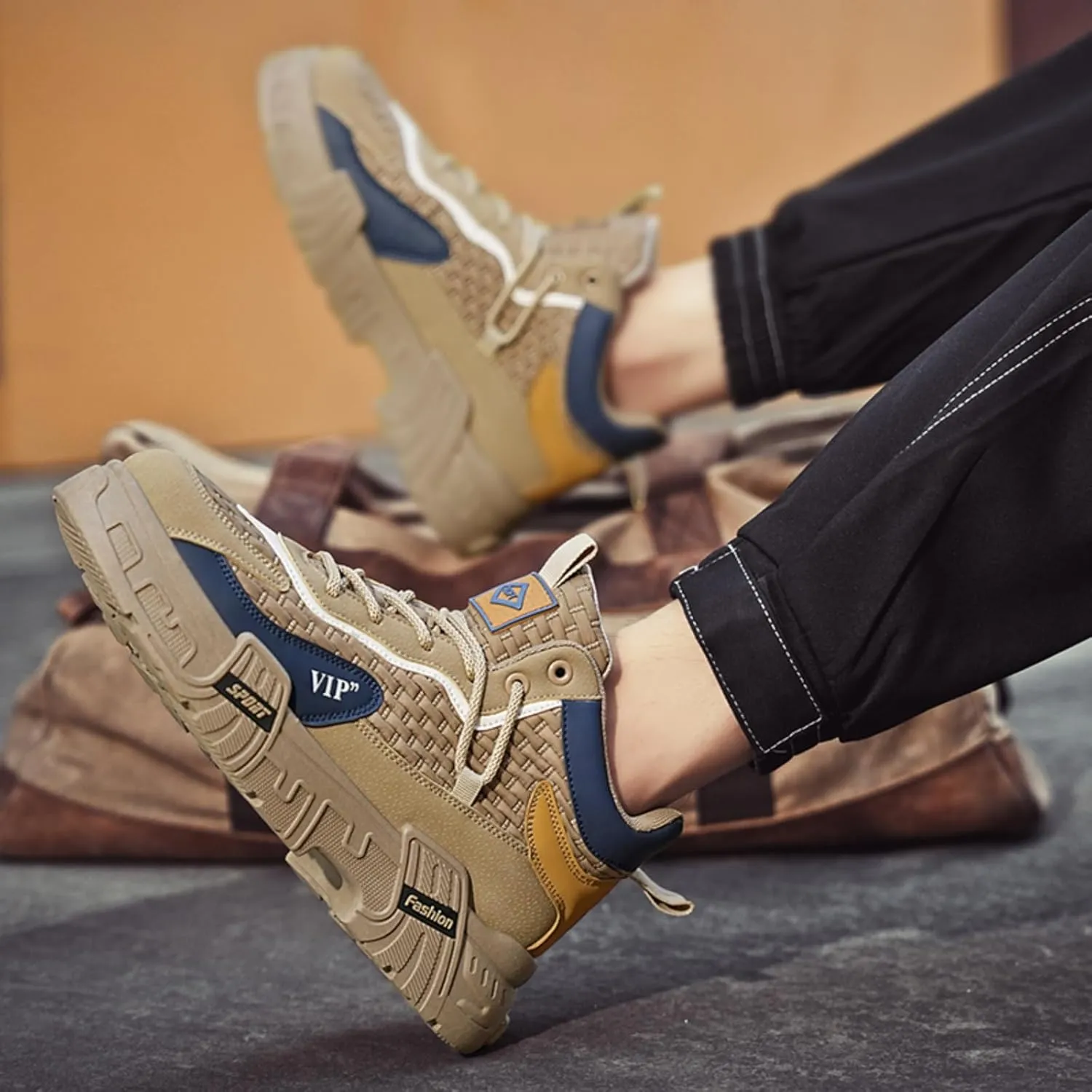 Mens Retro Leather Lace Up Platform Sneakers Casual Non-Slip Shock Absorbing Heighten Fashion Walking Workout Driving Shoes