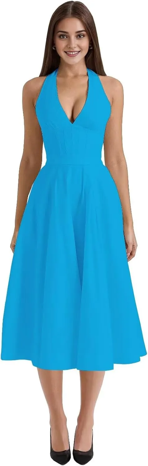 Midi Party Dresses for Women Bow Halter Graduation Dress with Pockets Deep V Neck Prom Gowns