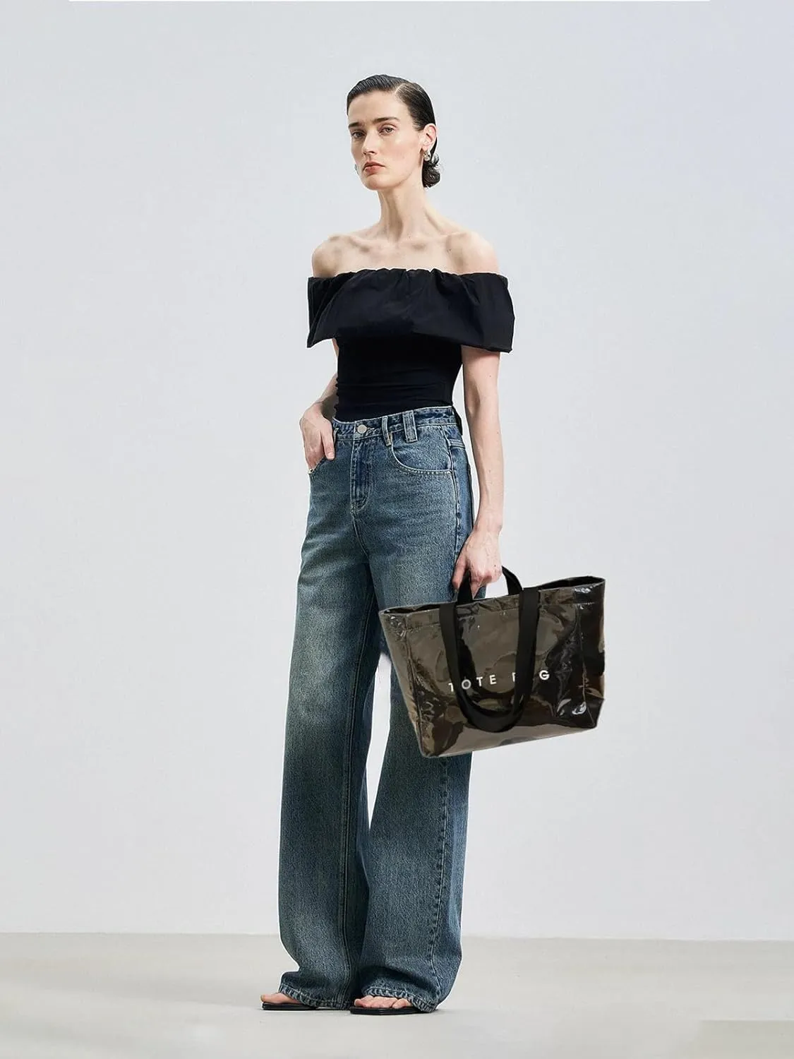MINGRI Large Tote Bags for Women PVC Clear Totes Bag Plastic Carry All Bag Kraft Paper Shoulder Handbag Hobo for Work Travel