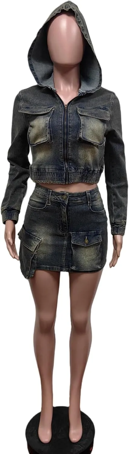 Molisry Women's 2 Piece Skirt Set Sexy Long Sleeve Hoodie Cropped Jacket Stretchy High Waisted Denim Cargo Mini Skirt Set