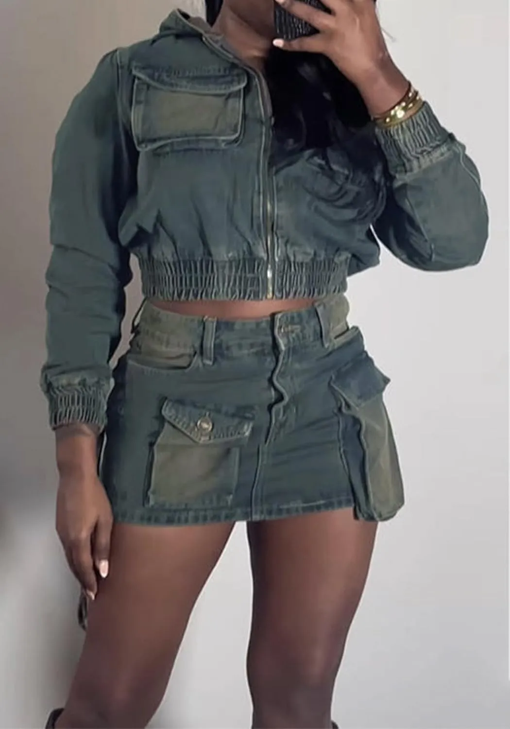 Molisry Women's 2 Piece Skirt Set Sexy Long Sleeve Hoodie Cropped Jacket Stretchy High Waisted Denim Cargo Mini Skirt Set