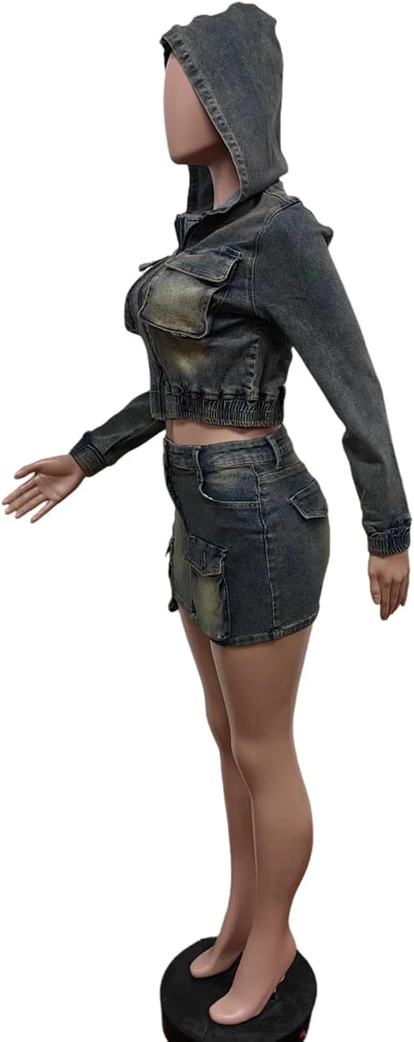 Molisry Women's 2 Piece Skirt Set Sexy Long Sleeve Hoodie Cropped Jacket Stretchy High Waisted Denim Cargo Mini Skirt Set