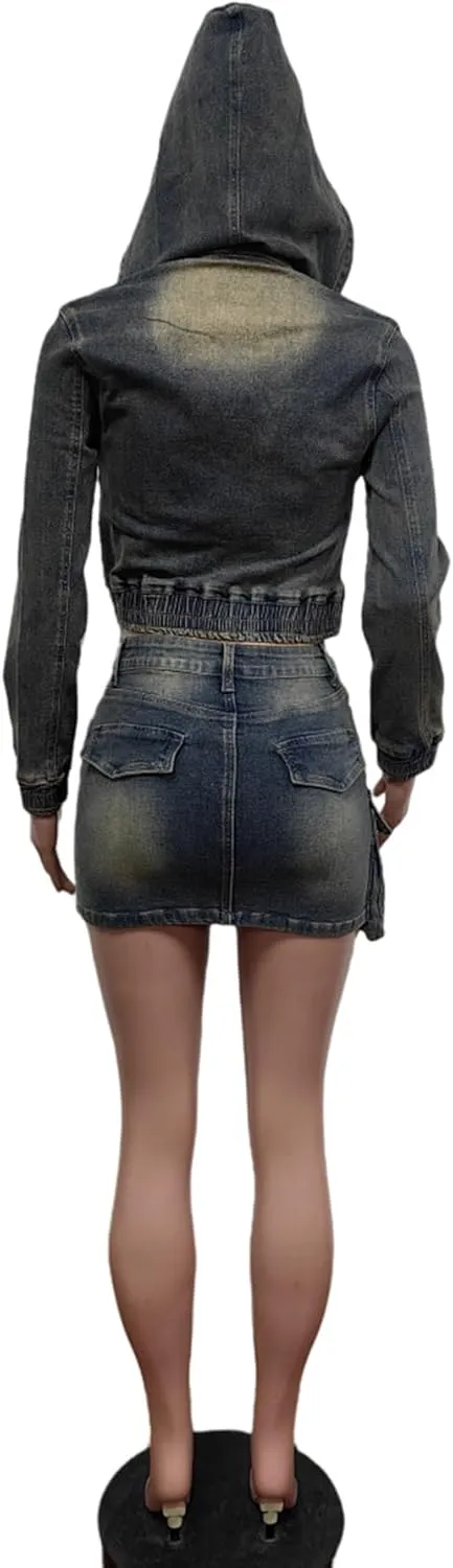 Molisry Women's 2 Piece Skirt Set Sexy Long Sleeve Hoodie Cropped Jacket Stretchy High Waisted Denim Cargo Mini Skirt Set