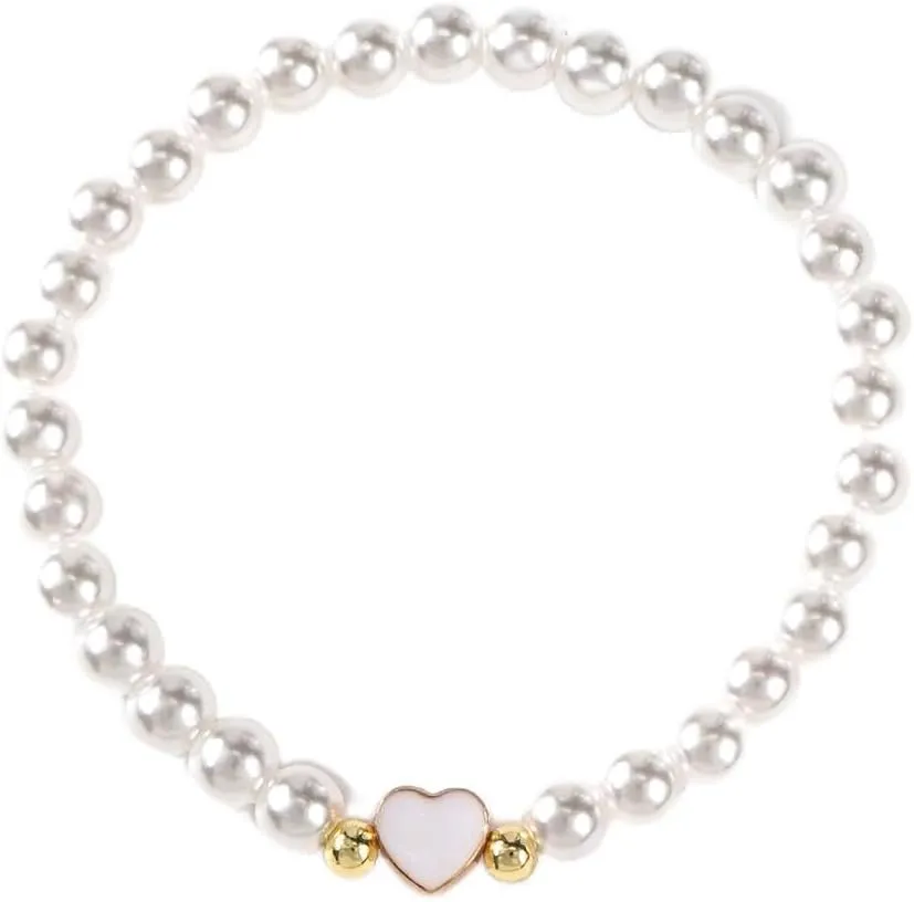 Mothers Day Dainty Pearl Heart 14K Gold Beaded Plated Bracelets for Women,Cute Love Stretch Colorful Charming Prom Summer Jewelry Friendship Birthday Gift