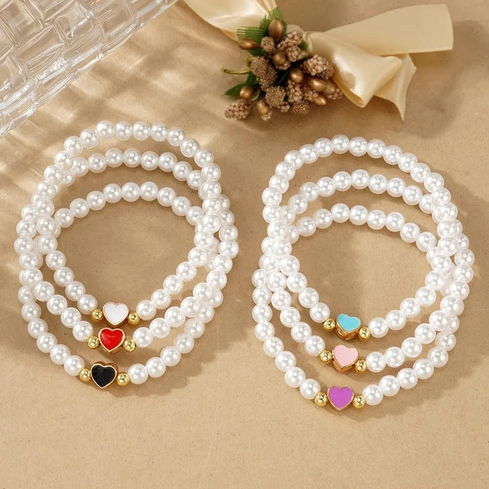 Mothers Day Dainty Pearl Heart 14K Gold Beaded Plated Bracelets for Women,Cute Love Stretch Colorful Charming Prom Summer Jewelry Friendship Birthday Gift