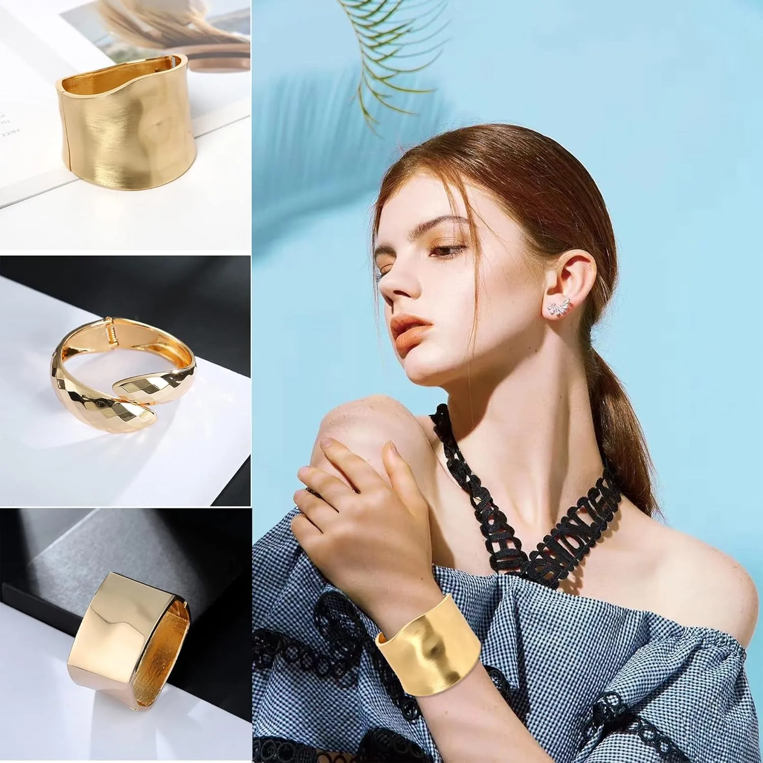 MOZAKA 1-3Pcs Gold Plated Bangle Bracelets for Women Open Hinged Bangle Bracelets Chunky Polished-Finish Wrist Cuff Wrap Bracelets Minimalist Twist-Grooved Wide Cuff Bracelet