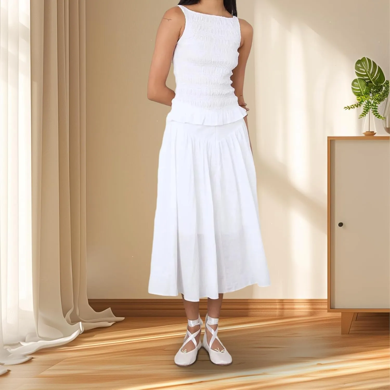 Mxiqqpltky Women Two Piece Midi Skirt Set Y2k Smocked Sleeveless Frill Tank Tops   Flowy Pleated Ruffle Skirt Summer Outfits