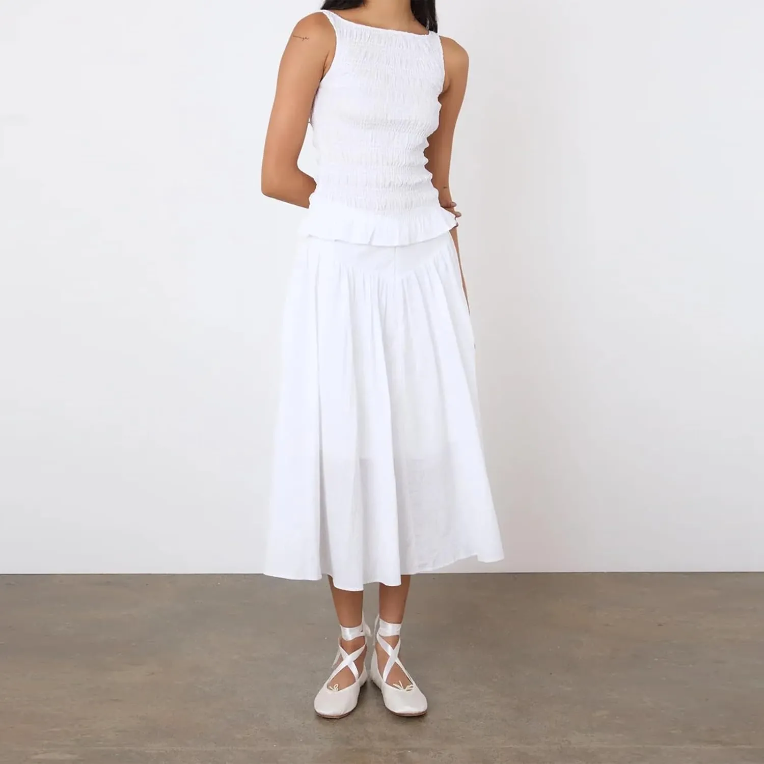Mxiqqpltky Women Two Piece Midi Skirt Set Y2k Smocked Sleeveless Frill Tank Tops   Flowy Pleated Ruffle Skirt Summer Outfits