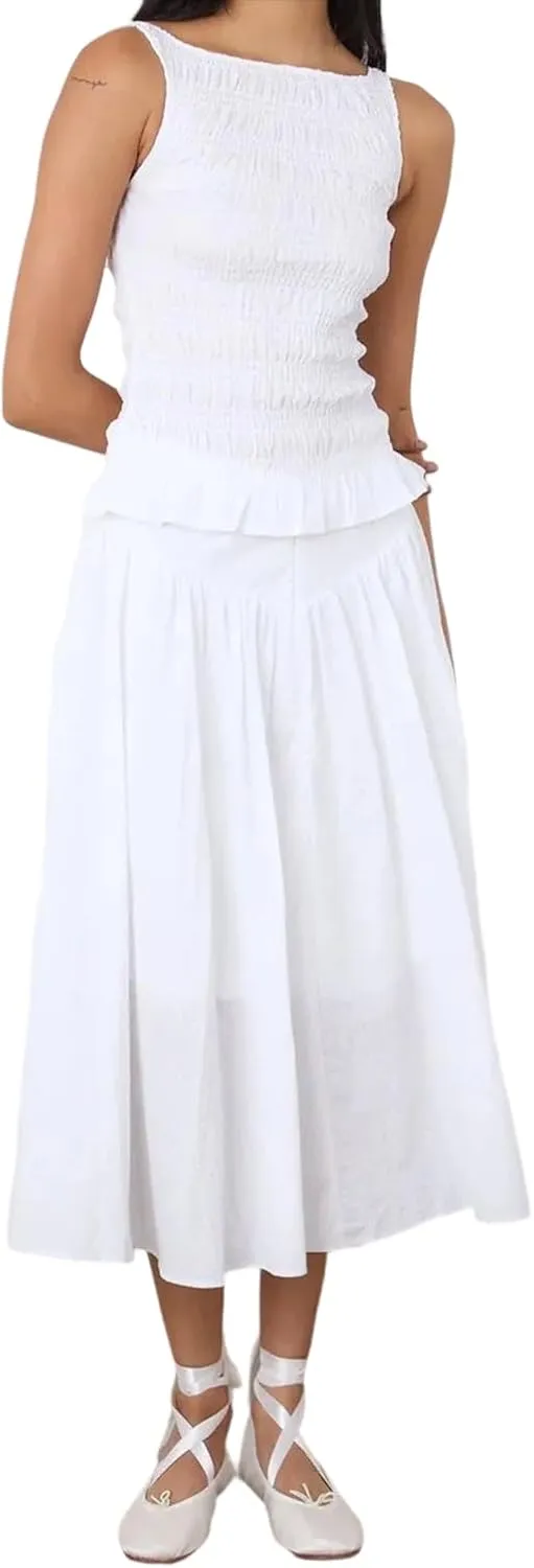 Mxiqqpltky Women Two Piece Midi Skirt Set Y2k Smocked Sleeveless Frill Tank Tops   Flowy Pleated Ruffle Skirt Summer Outfits