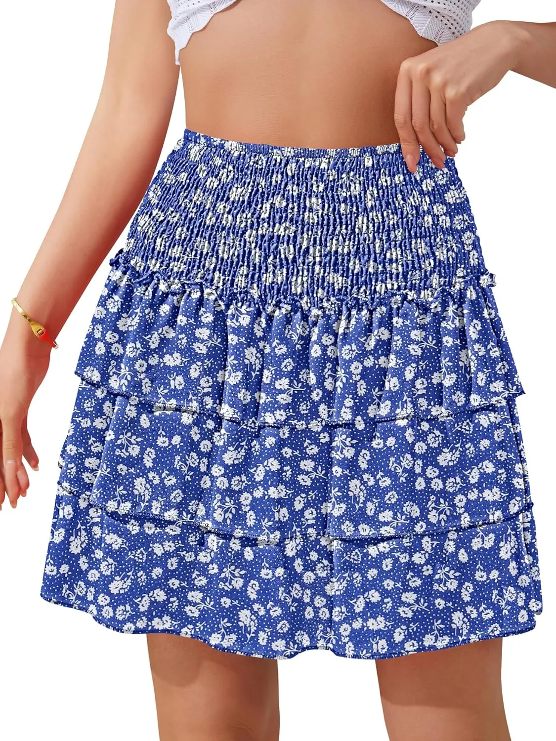 NASHALYLY Women's High Waist Ruffle Mini Skirt Cute Elastic Casual Boho Floral Short Skirt