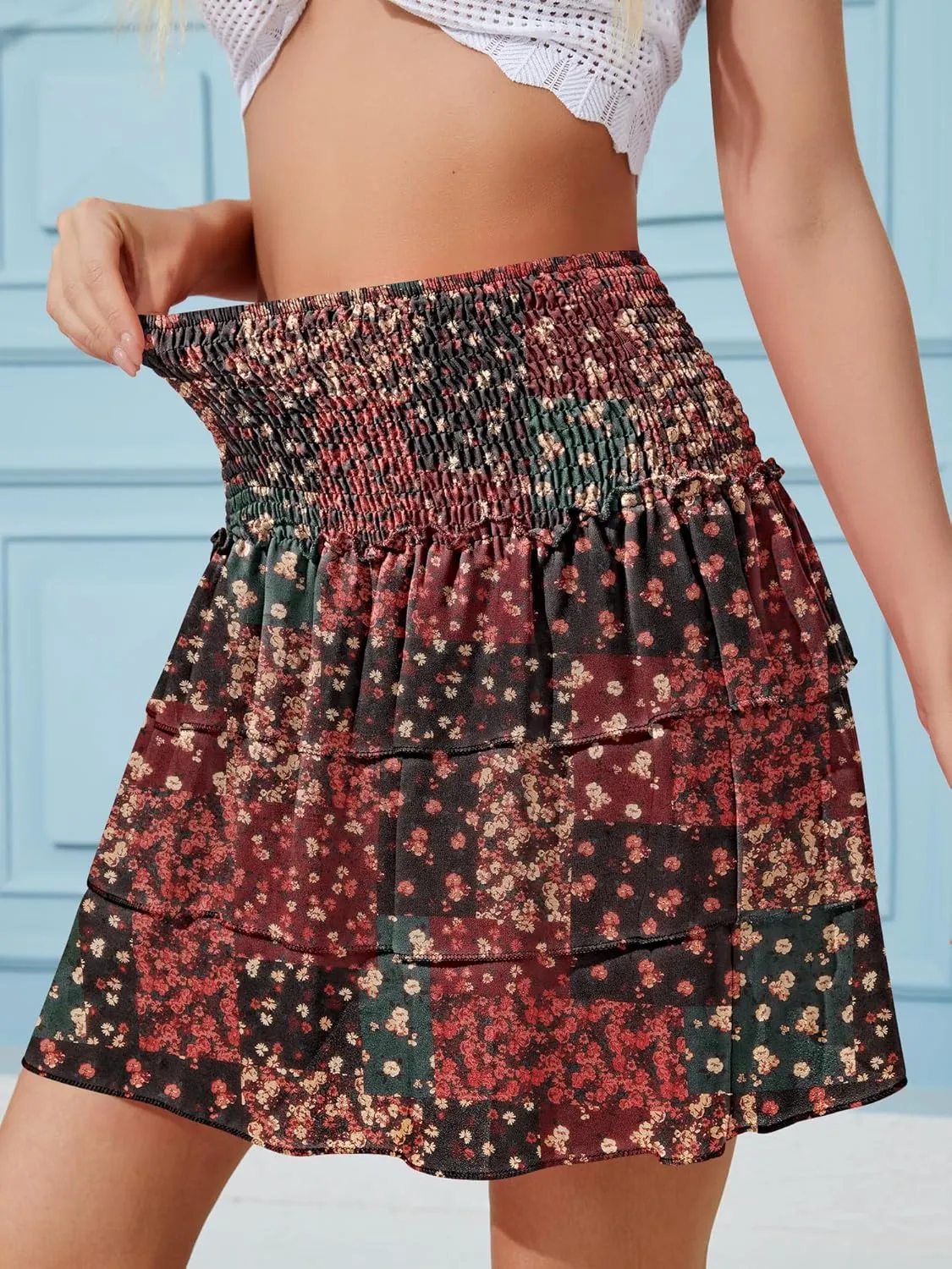 NASHALYLY Women's High Waist Ruffle Mini Skirt Cute Elastic Casual Boho Floral Short Skirt
