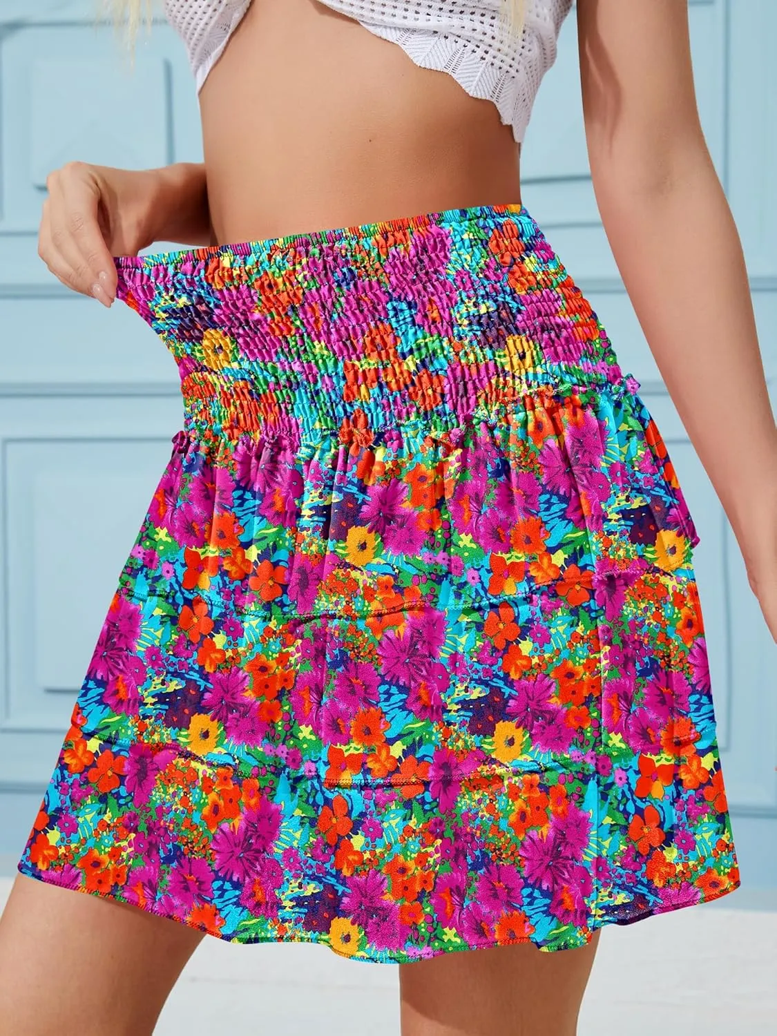 NASHALYLY Women's High Waist Ruffle Mini Skirt Cute Elastic Casual Boho Floral Short Skirt