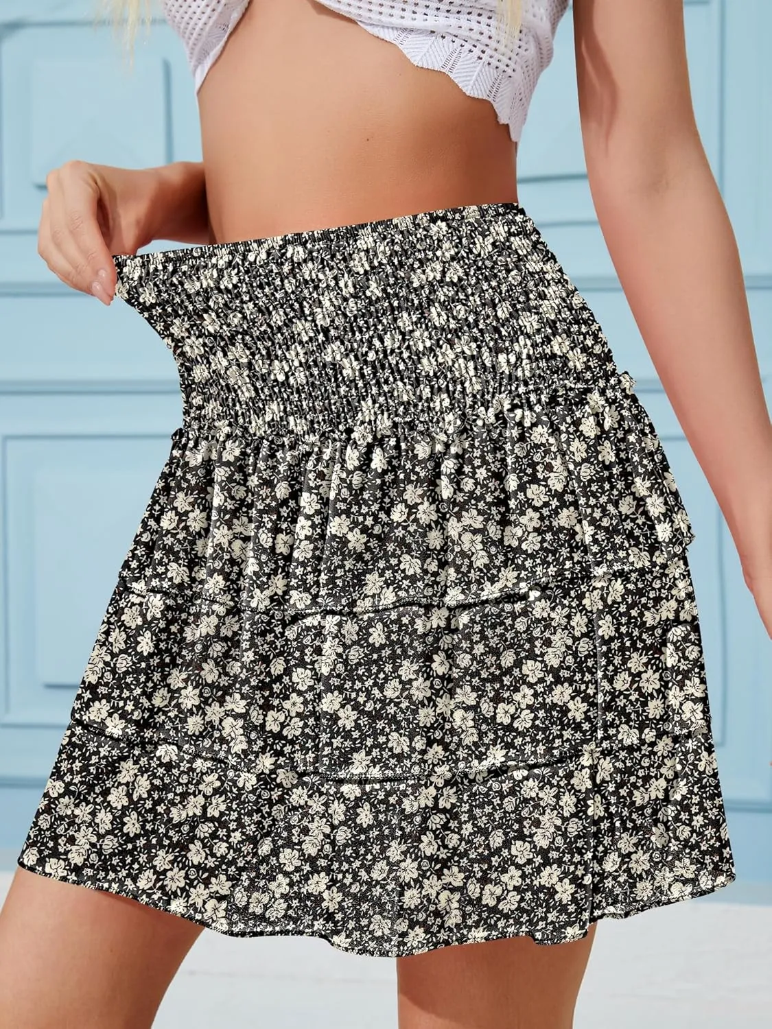 NASHALYLY Women's High Waist Ruffle Mini Skirt Cute Elastic Casual Boho Floral Short Skirt