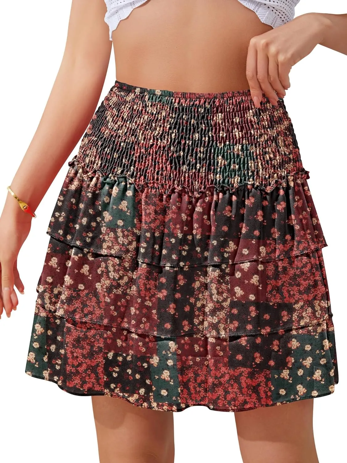 NASHALYLY Women's High Waist Ruffle Mini Skirt Cute Elastic Casual Boho Floral Short Skirt