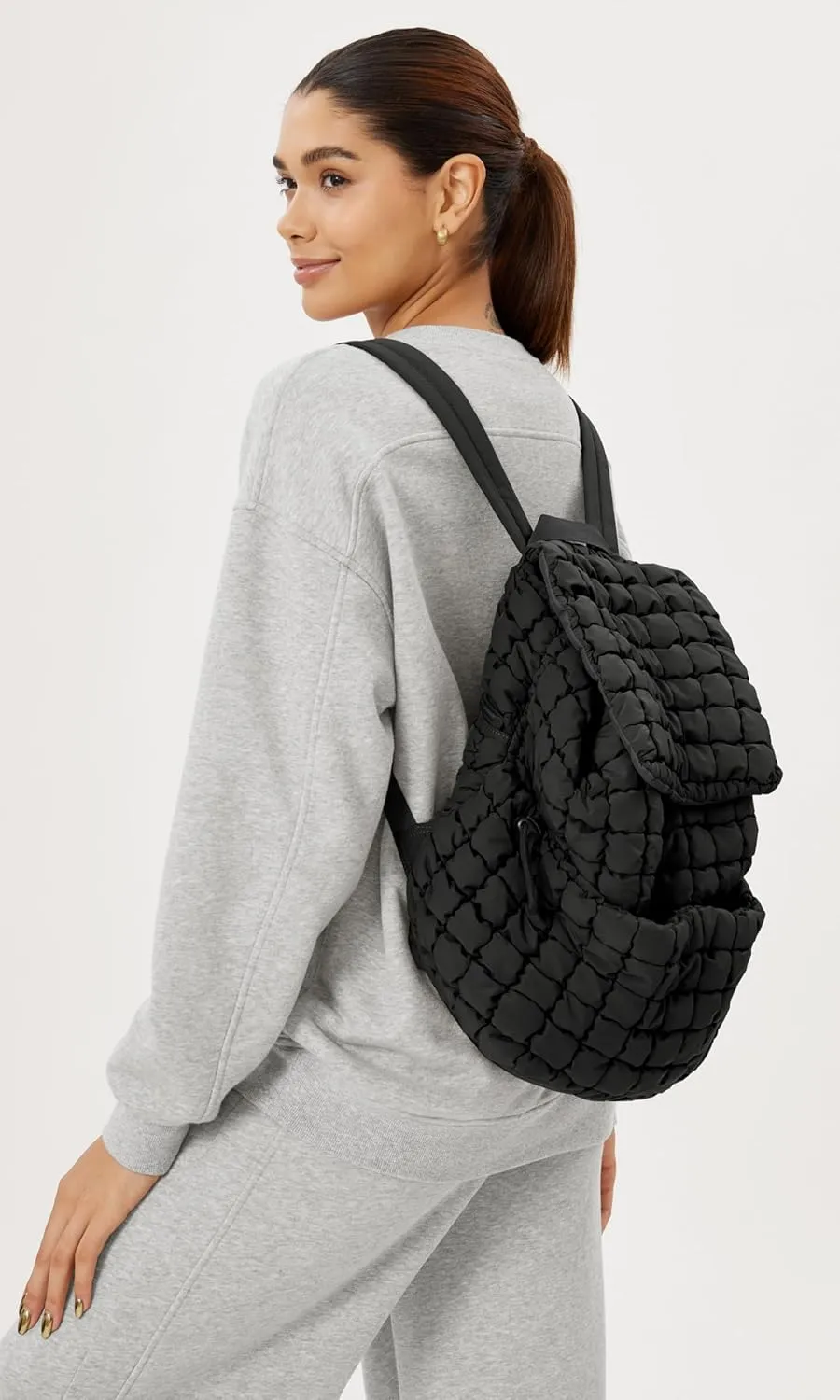 ODODOS Quilted Backpack 2.0 for Women Lightweight Puffer Hiker Pack Drawstring Padding Travel Gym Bag, Black