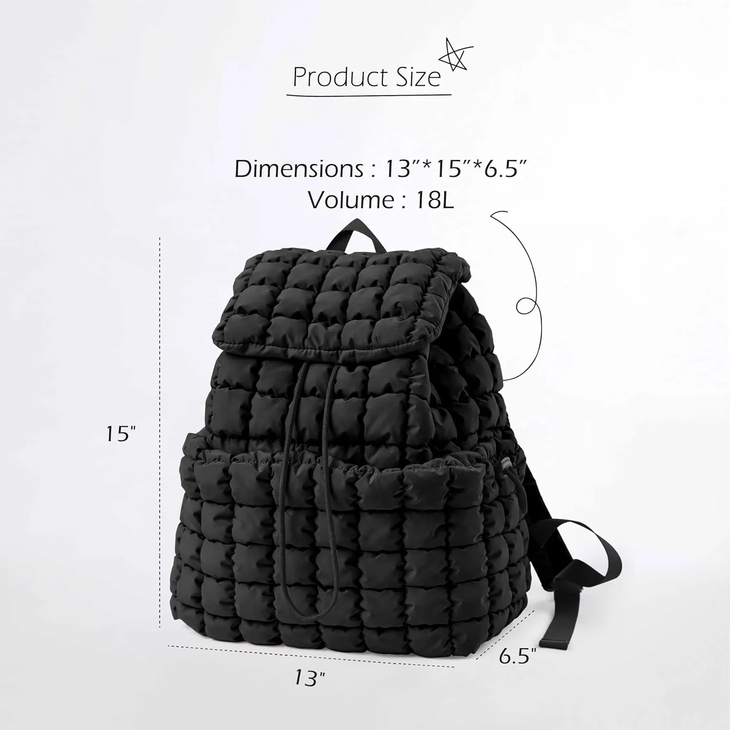 ODODOS Quilted Backpack 2.0 for Women Lightweight Puffer Hiker Pack Drawstring Padding Travel Gym Bag, Black