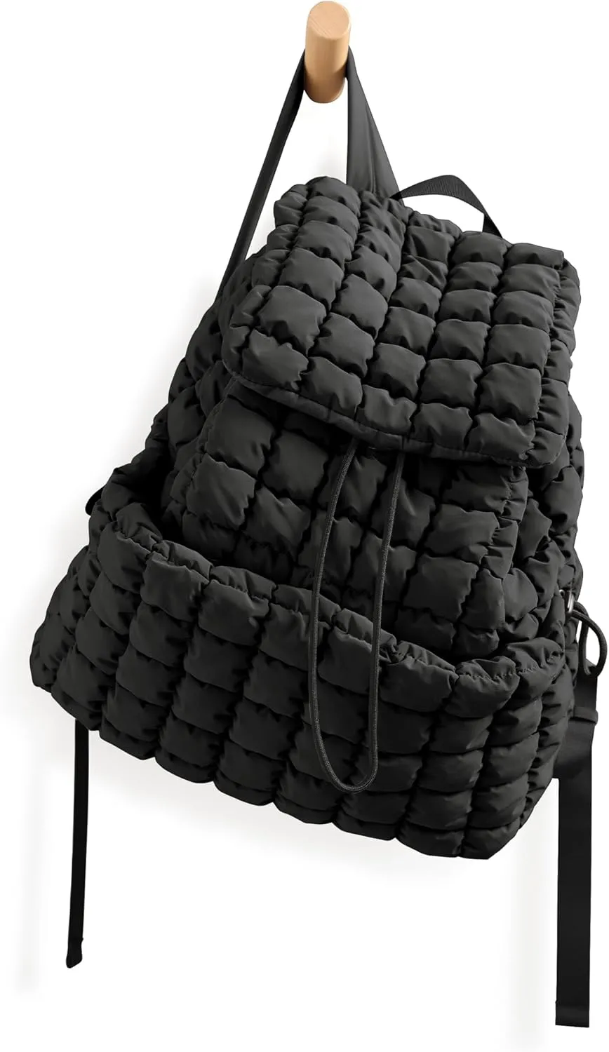ODODOS Quilted Backpack 2.0 for Women Lightweight Puffer Hiker Pack Drawstring Padding Travel Gym Bag, Black