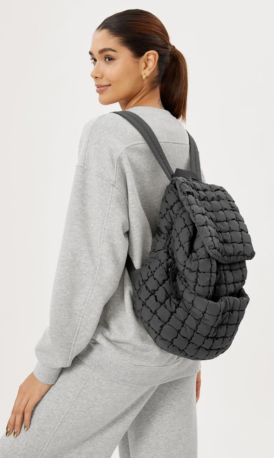 ODODOS Quilted Backpack 2.0 for Women Lightweight Puffer Hiker Pack Drawstring Padding Travel Gym Bag, Charcoal