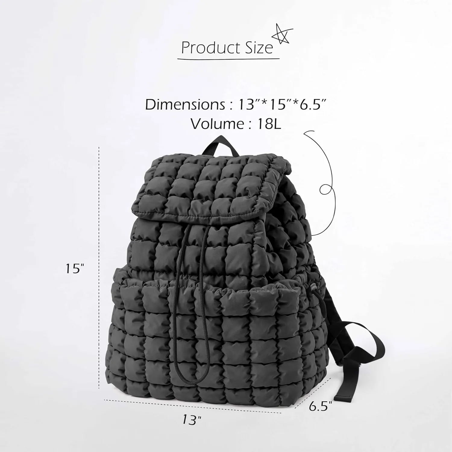 ODODOS Quilted Backpack 2.0 for Women Lightweight Puffer Hiker Pack Drawstring Padding Travel Gym Bag, Charcoal