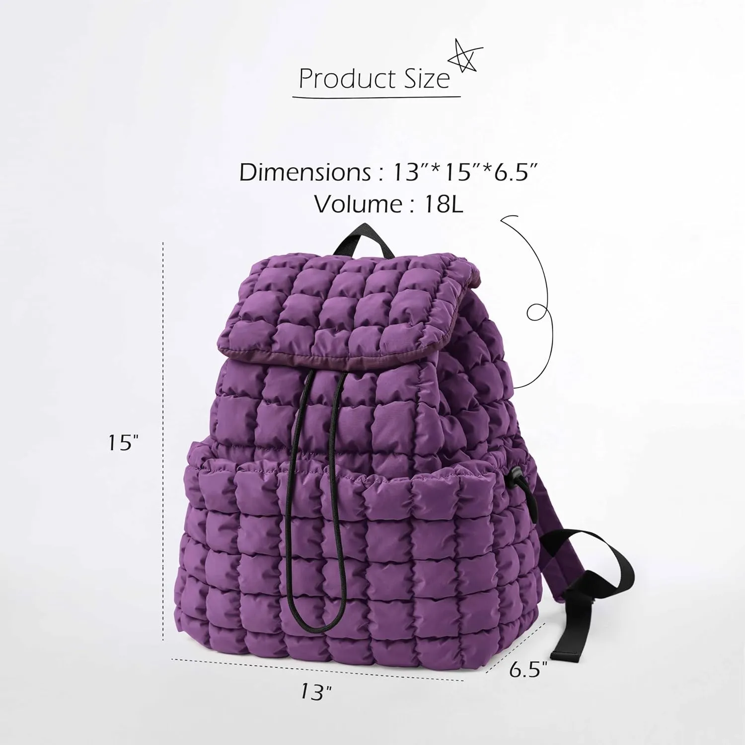 ODODOS Quilted Backpack 2.0 for Women Lightweight Puffer Hiker Pack Drawstring Padding Travel Gym Bag, Deep Purple