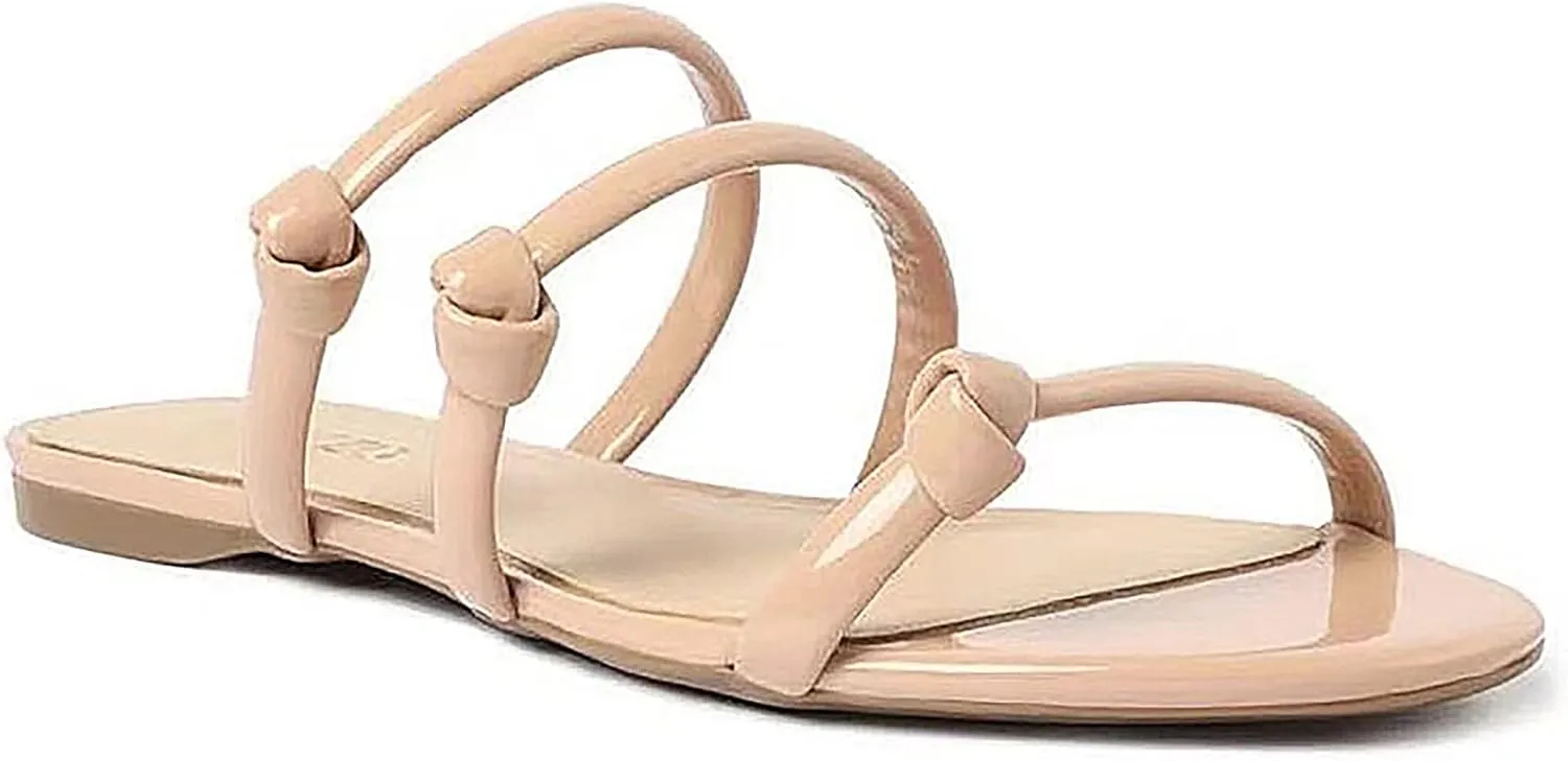 oiangi Sandals Women Dressy Summer Flat Slip on Slides Solid Color Three Straps Knot Slippers Lightweight Comfortable Outdoor Casual Ladies Beach Shoes