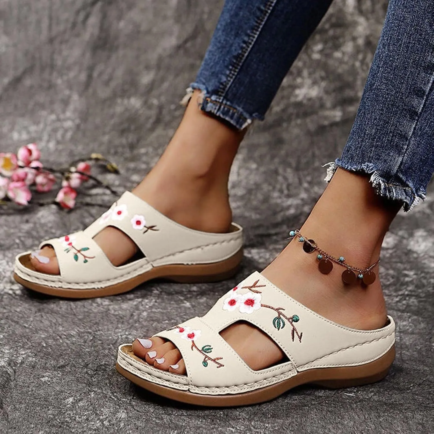 Orthopedic Sandals for Women, Women Dressy Summer Embroidery Wedge Comfy Sandals Plantar Fasciitis Arch Support Sandals