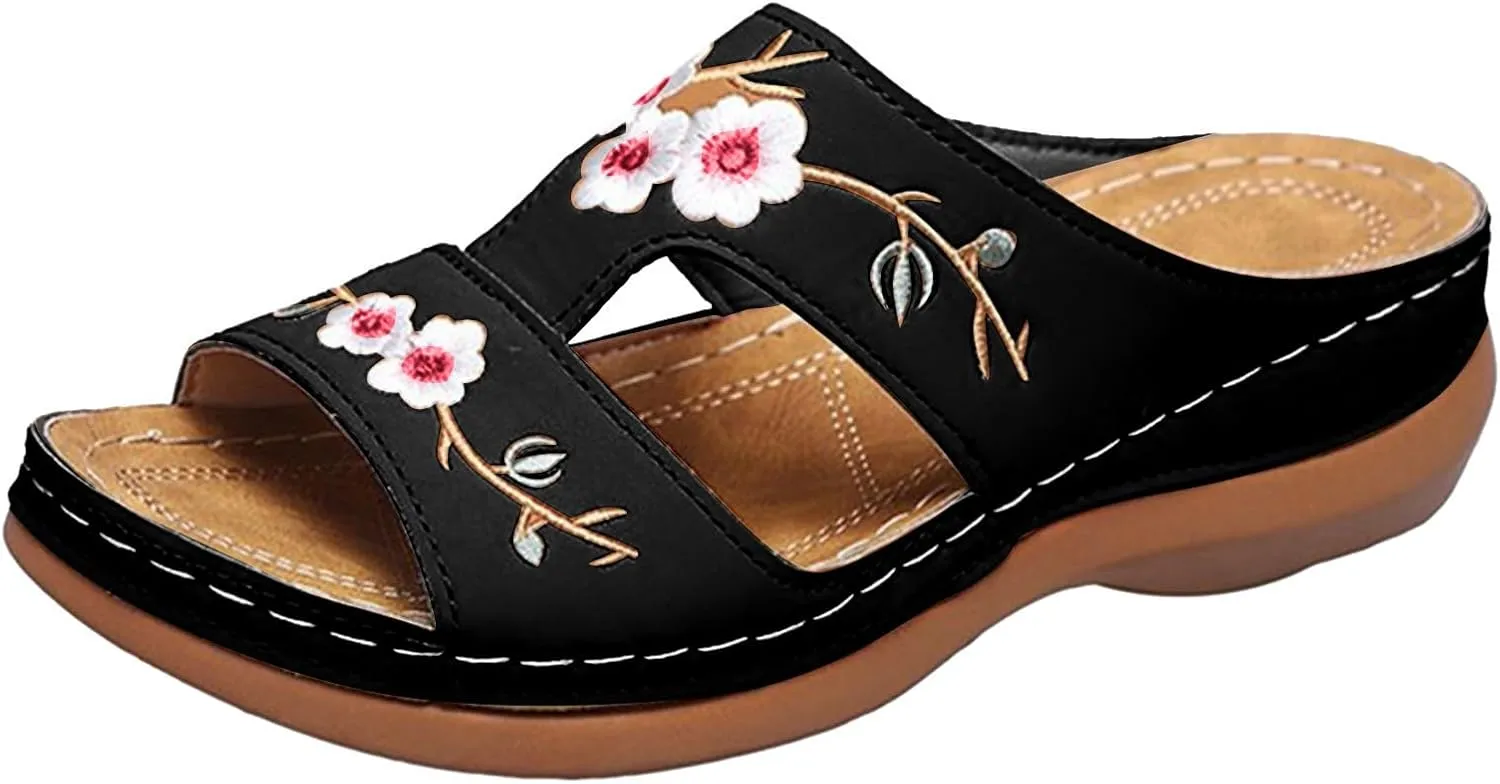Orthopedic Sandals for Women, Women Dressy Summer Embroidery Wedge Comfy Sandals Plantar Fasciitis Arch Support Sandals