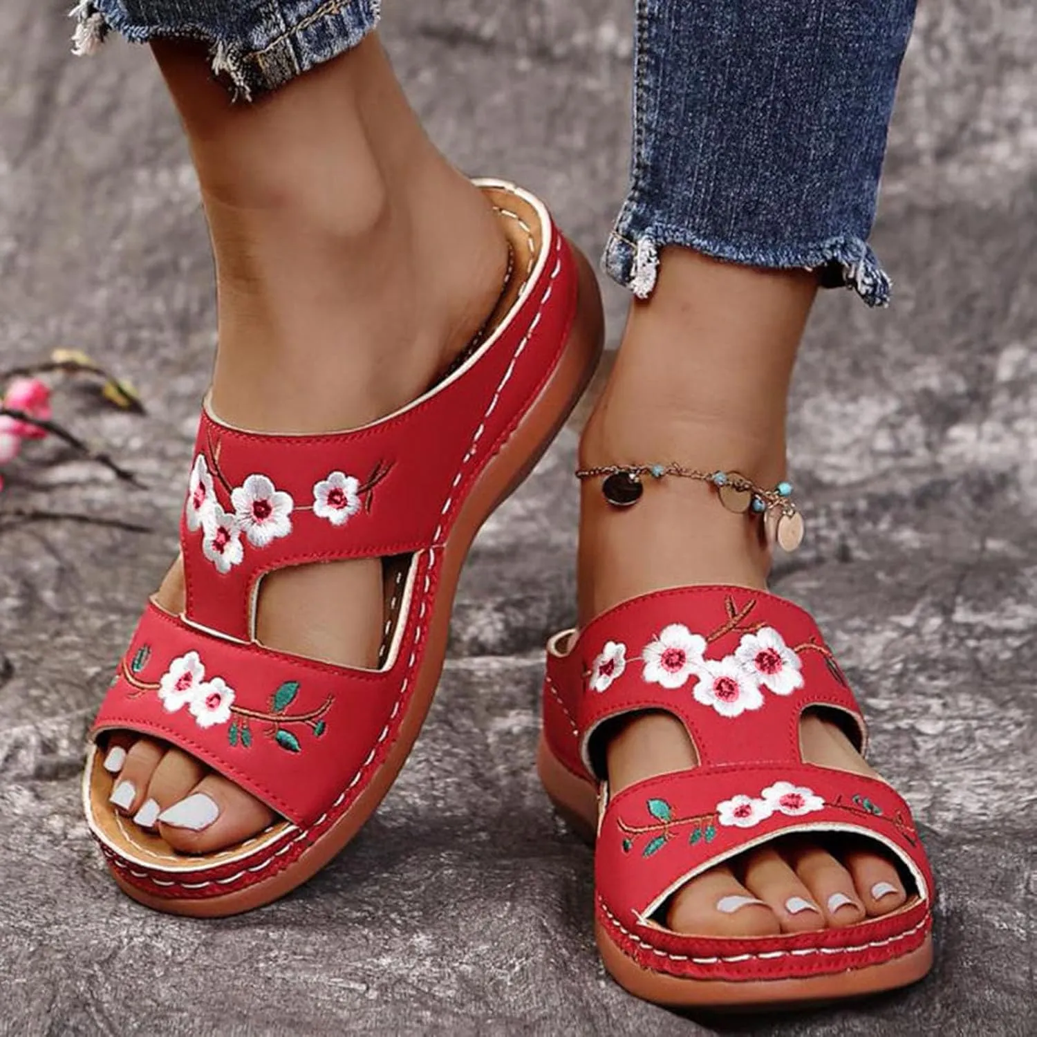 Orthopedic Sandals for Women, Women Dressy Summer Embroidery Wedge Comfy Sandals Plantar Fasciitis Arch Support Sandals