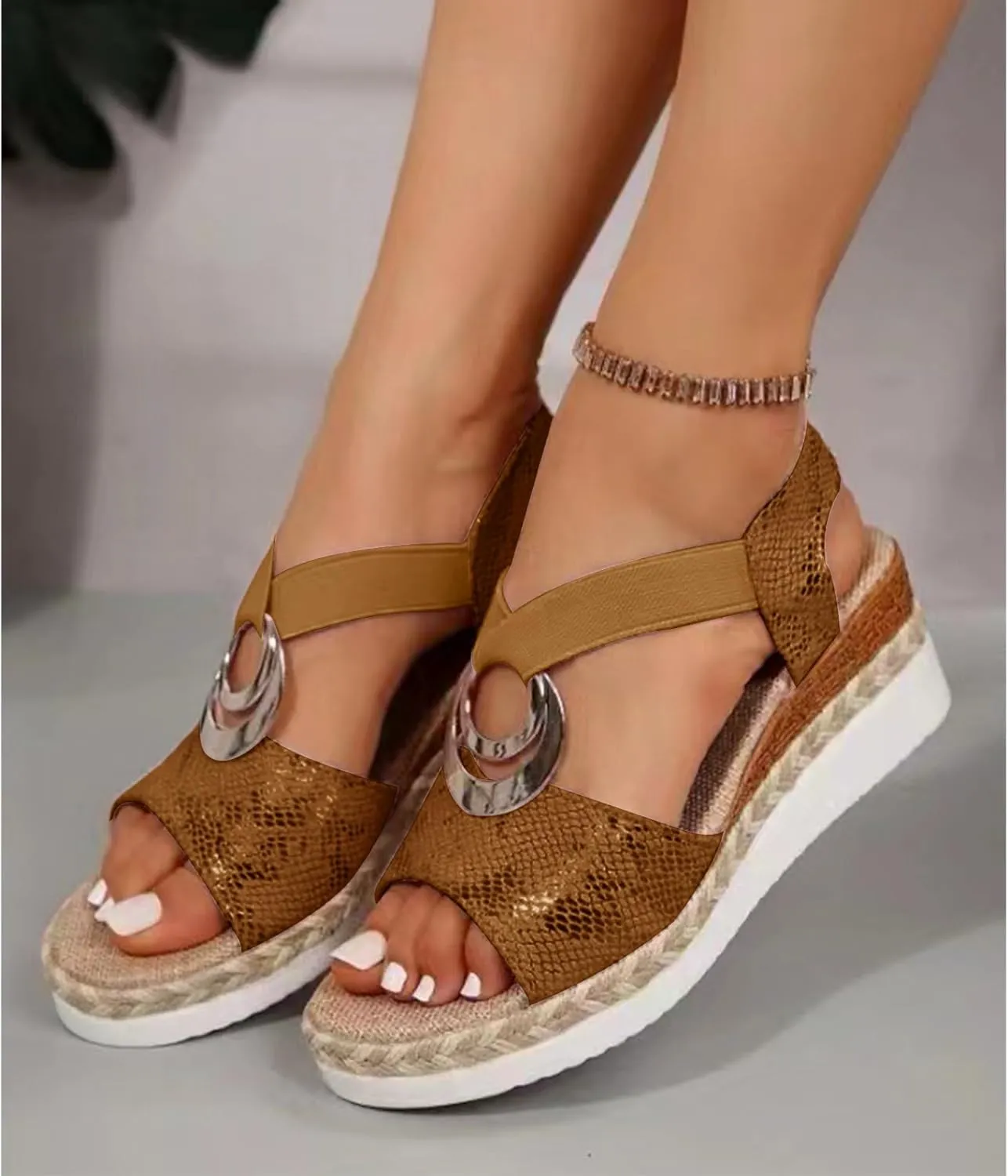 Orthopedic Wedge Sandals for Women Open Toe Ankle Strap Sandals Arch Support Espadrilles Wedges Sandal Comfortable Dressy Summer Shoes Fashion Casual Beach Sandal with Metal Buckle