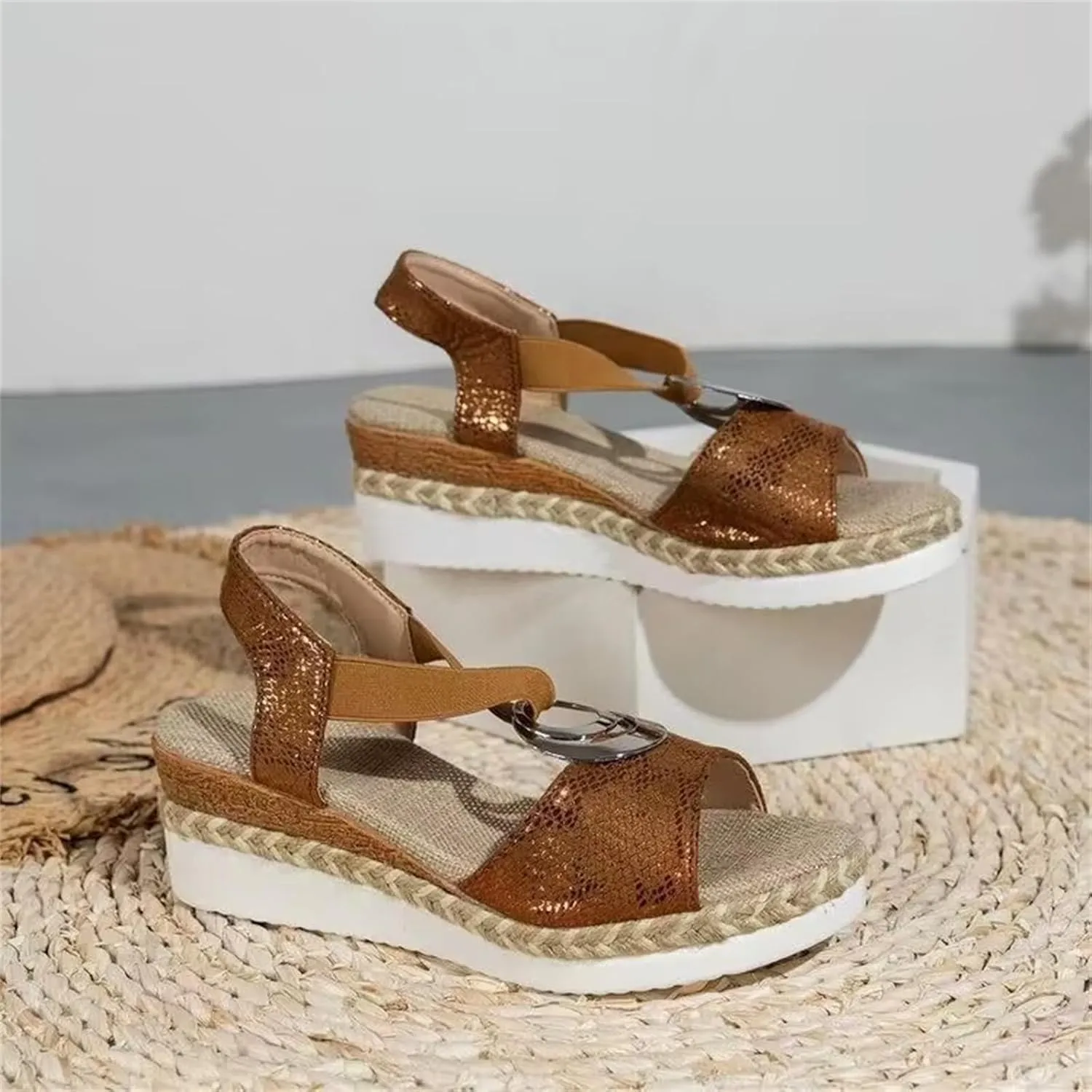 Orthopedic Wedge Sandals for Women Open Toe Ankle Strap Sandals Arch Support Espadrilles Wedges Sandal Comfortable Dressy Summer Shoes Fashion Casual Beach Sandal with Metal Buckle