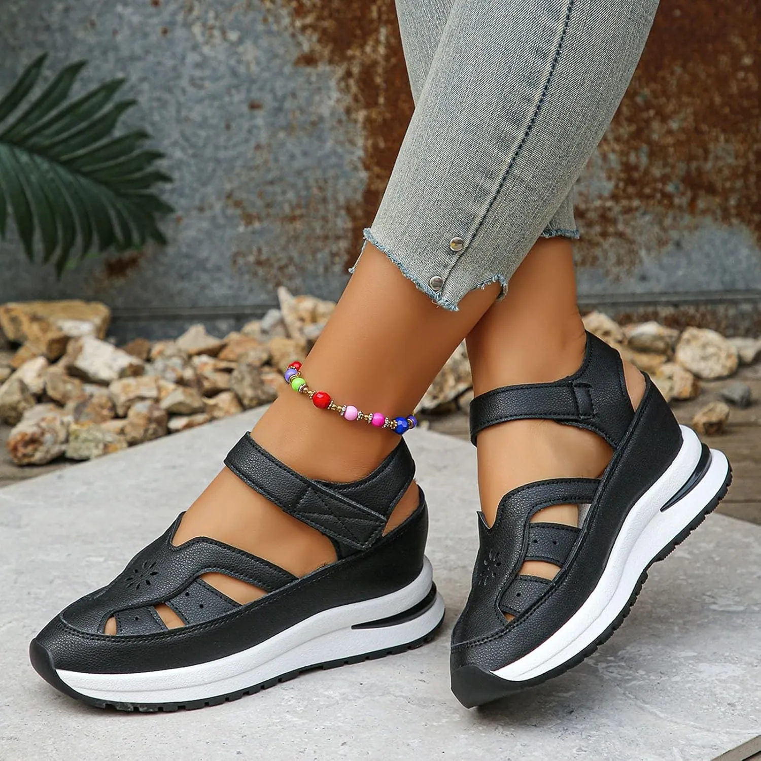 Orthopedic Wedge Sandals for Women Summer Dressy Closed Toe Ankle Strap Platform Sneakers Cutout Low Wedges Slip on Sandals Comfortable Outdoor Shoes 