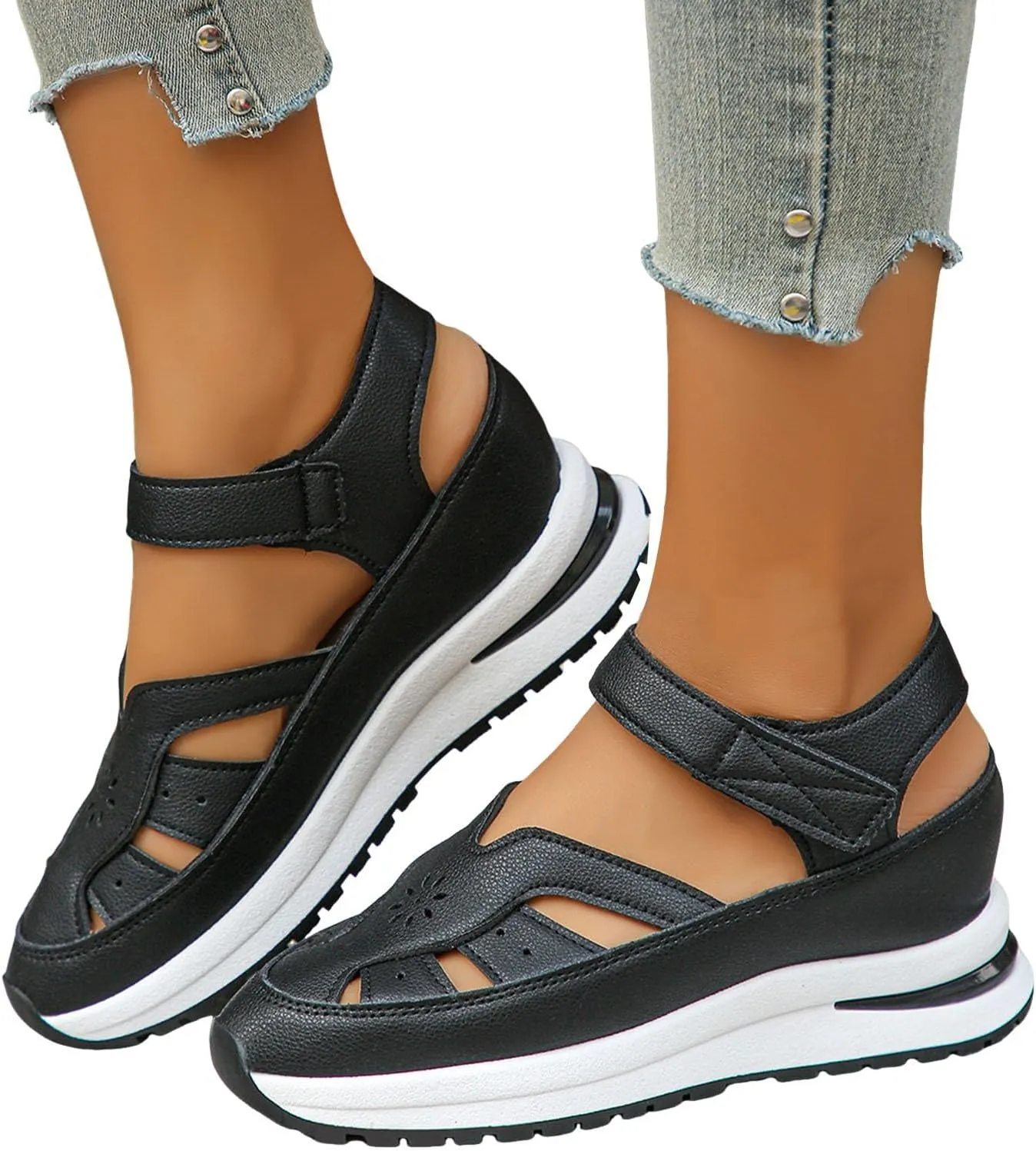Orthopedic Wedge Sandals for Women Summer Dressy Closed Toe Ankle Strap Platform Sneakers Cutout Low Wedges Slip on Sandals Comfortable Outdoor Shoes 