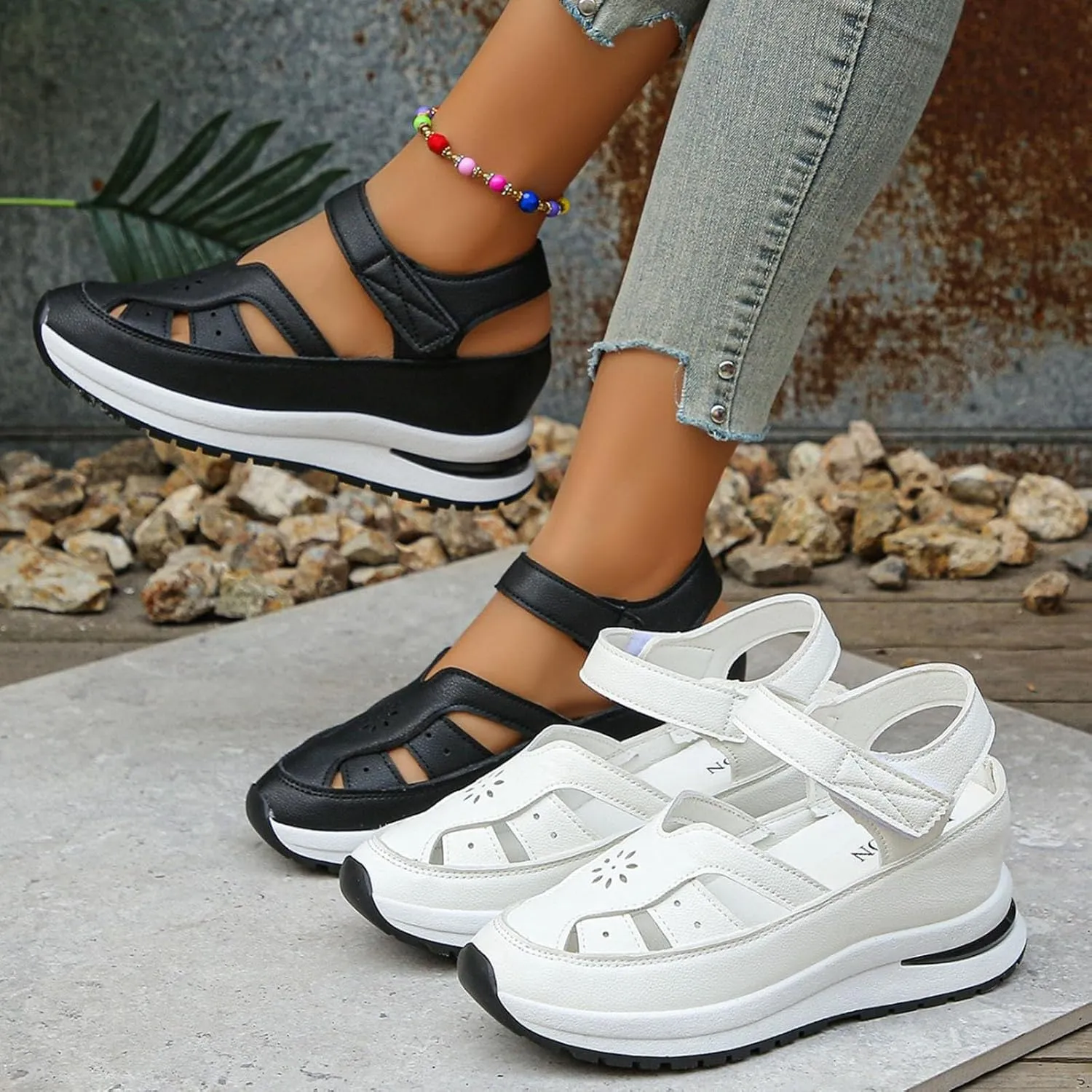 Orthopedic Wedge Sandals for Women Summer Dressy Closed Toe Ankle Strap Platform Sneakers Cutout Low Wedges Slip on Sandals Comfortable Outdoor Shoes 