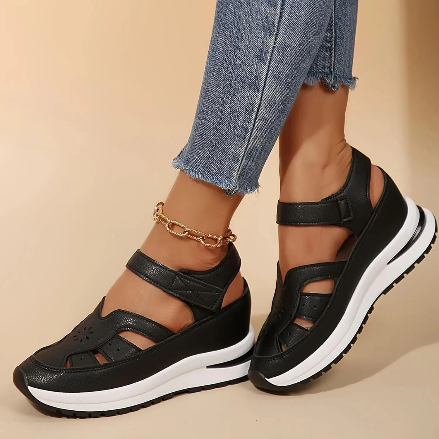 Orthopedic Wedge Sandals for Women Summer Dressy Closed Toe Ankle Strap Platform Sneakers Cutout Low Wedges Slip on Sandals Comfortable Outdoor Shoes 