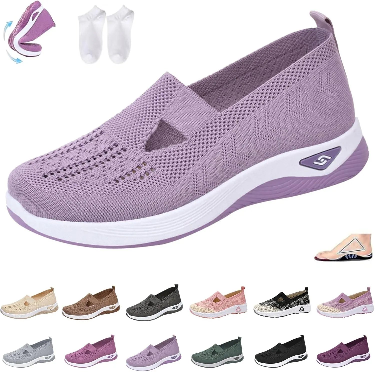 Orthowalkway Womens Shoes, Women's Comfortable Breathable Knitted Sneakers, Orthopedic Slip-On Lightweight Shoes
