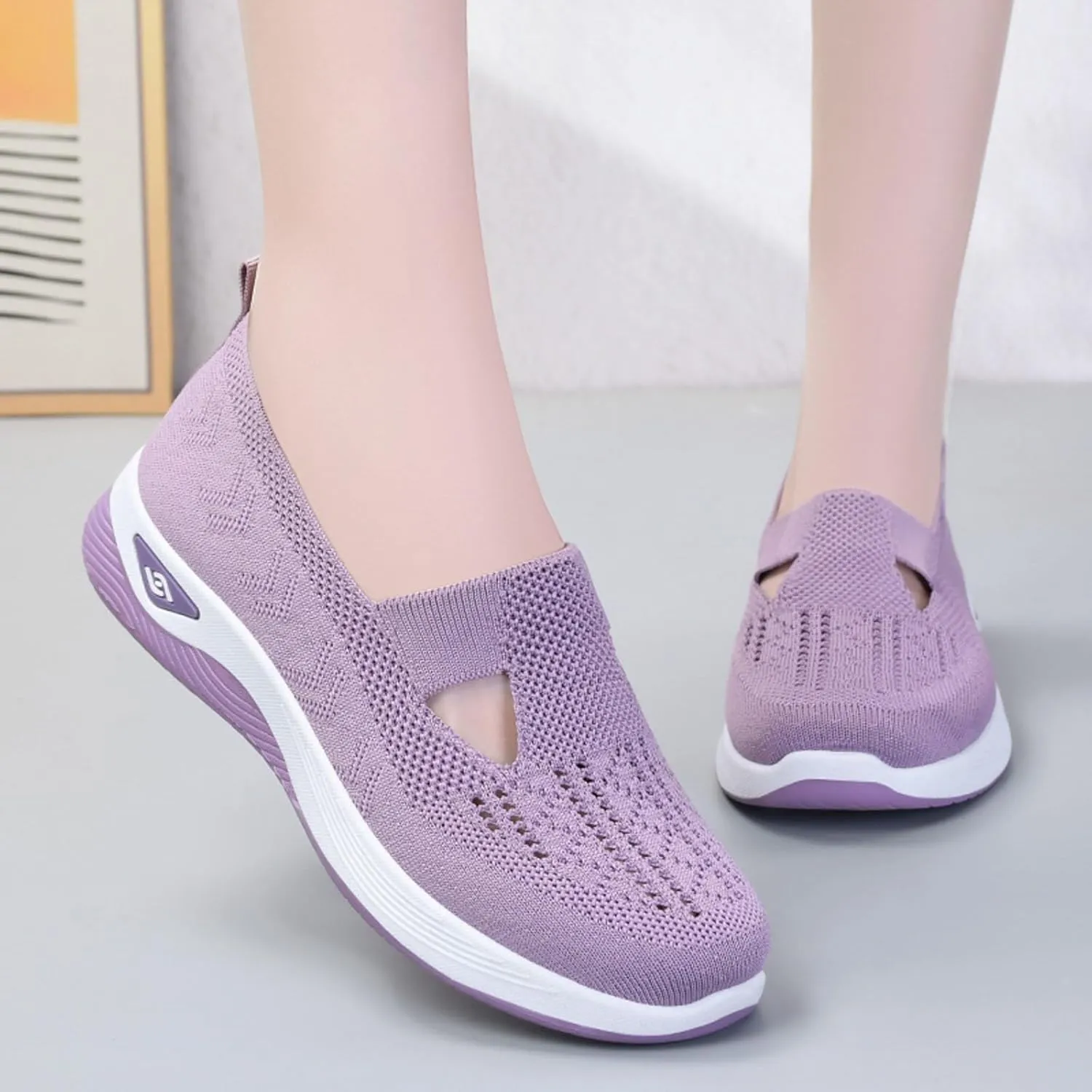 Orthowalkway Womens Shoes, Women's Comfortable Breathable Knitted Sneakers, Orthopedic Slip-On Lightweight Shoes