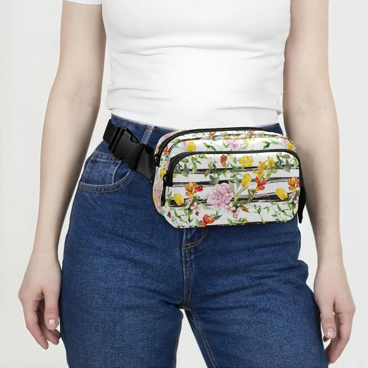 Personalized Colorful Butterfly Flower Stripes Fanny Packs for Women Large Hip Belt Bag Waterproof Flower Crossbody Waist Pack