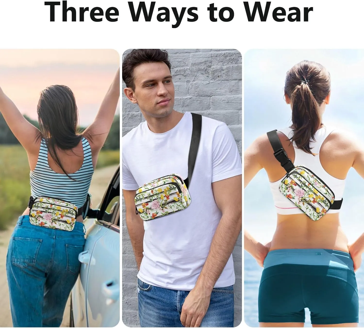 Personalized Colorful Butterfly Flower Stripes Fanny Packs for Women Large Hip Belt Bag Waterproof Flower Crossbody Waist Pack