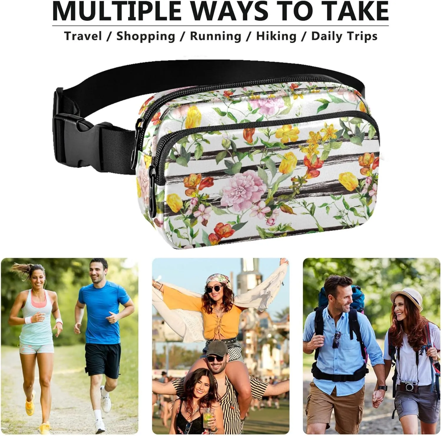 Personalized Colorful Butterfly Flower Stripes Fanny Packs for Women Large Hip Belt Bag Waterproof Flower Crossbody Waist Pack