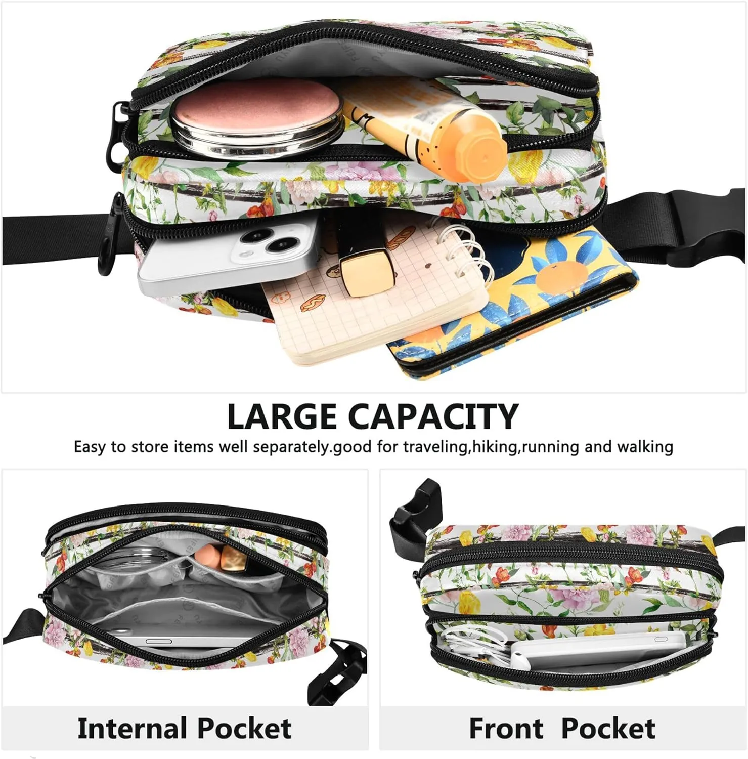 Personalized Colorful Butterfly Flower Stripes Fanny Packs for Women Large Hip Belt Bag Waterproof Flower Crossbody Waist Pack