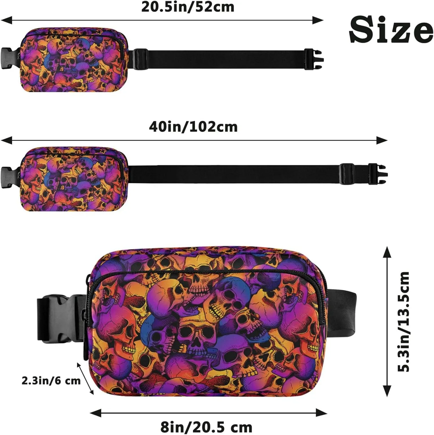 Personalized Colorful Skull Purple Pink Women Fanny Packs Waterproof Large Hip Belt Bag Trendy Travel Waist Pouch