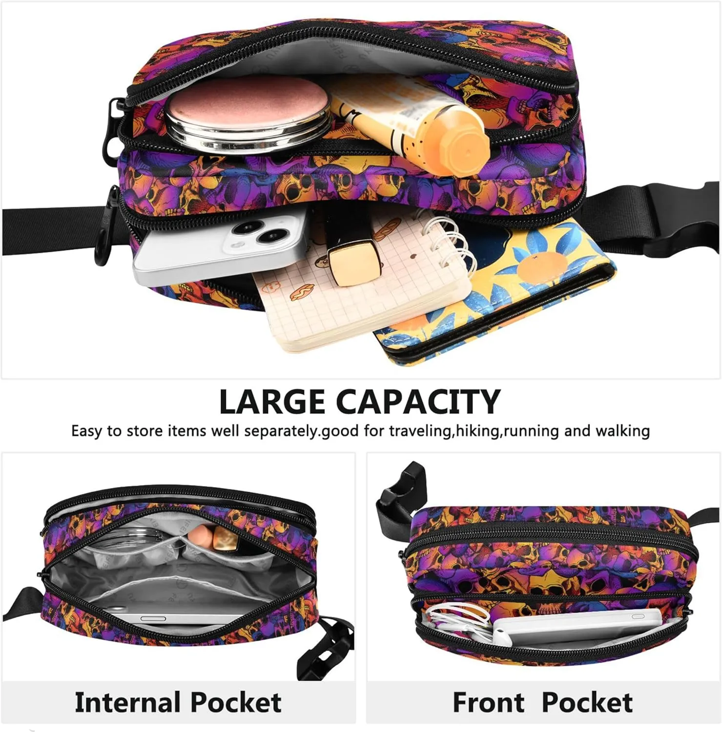 Personalized Colorful Skull Purple Pink Women Fanny Packs Waterproof Large Hip Belt Bag Trendy Travel Waist Pouch