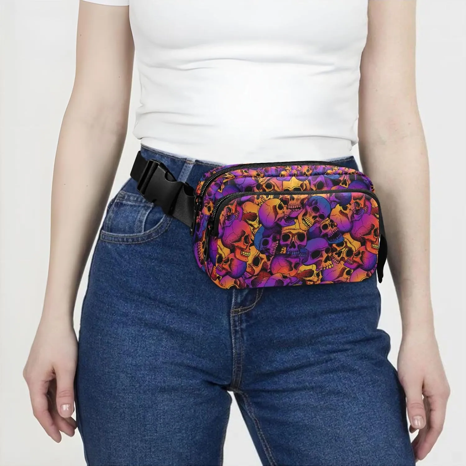 Personalized Colorful Skull Purple Pink Women Fanny Packs Waterproof Large Hip Belt Bag Trendy Travel Waist Pouch