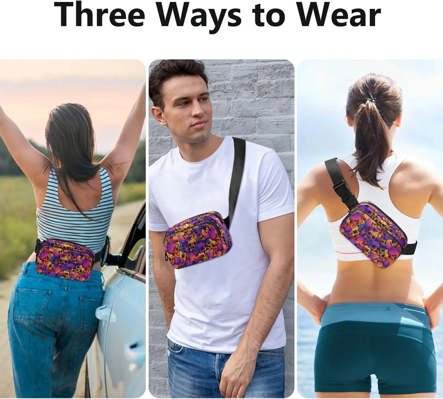 Personalized Colorful Skull Purple Pink Women Fanny Packs Waterproof Large Hip Belt Bag Trendy Travel Waist Pouch