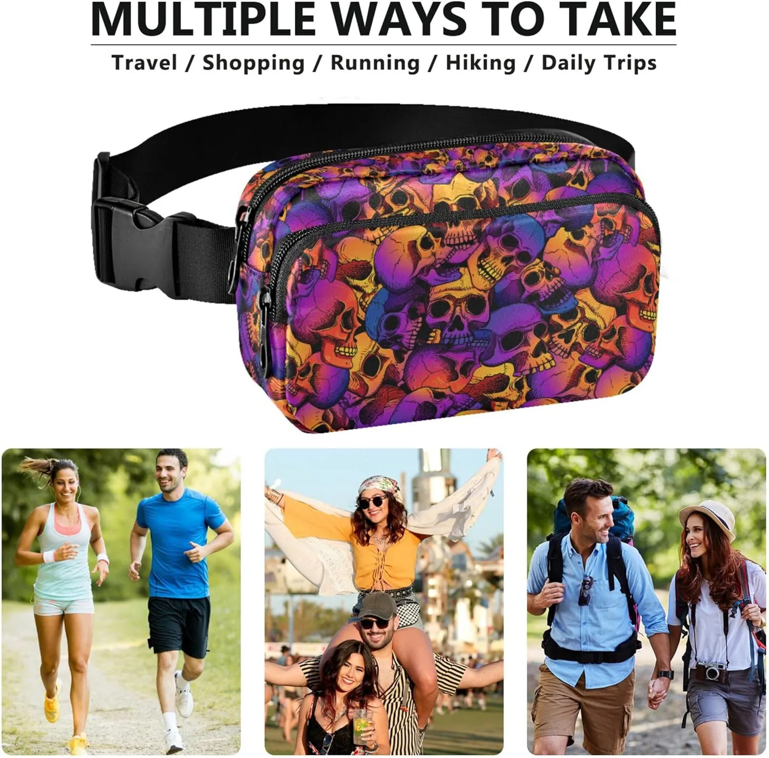Personalized Colorful Skull Purple Pink Women Fanny Packs Waterproof Large Hip Belt Bag Trendy Travel Waist Pouch