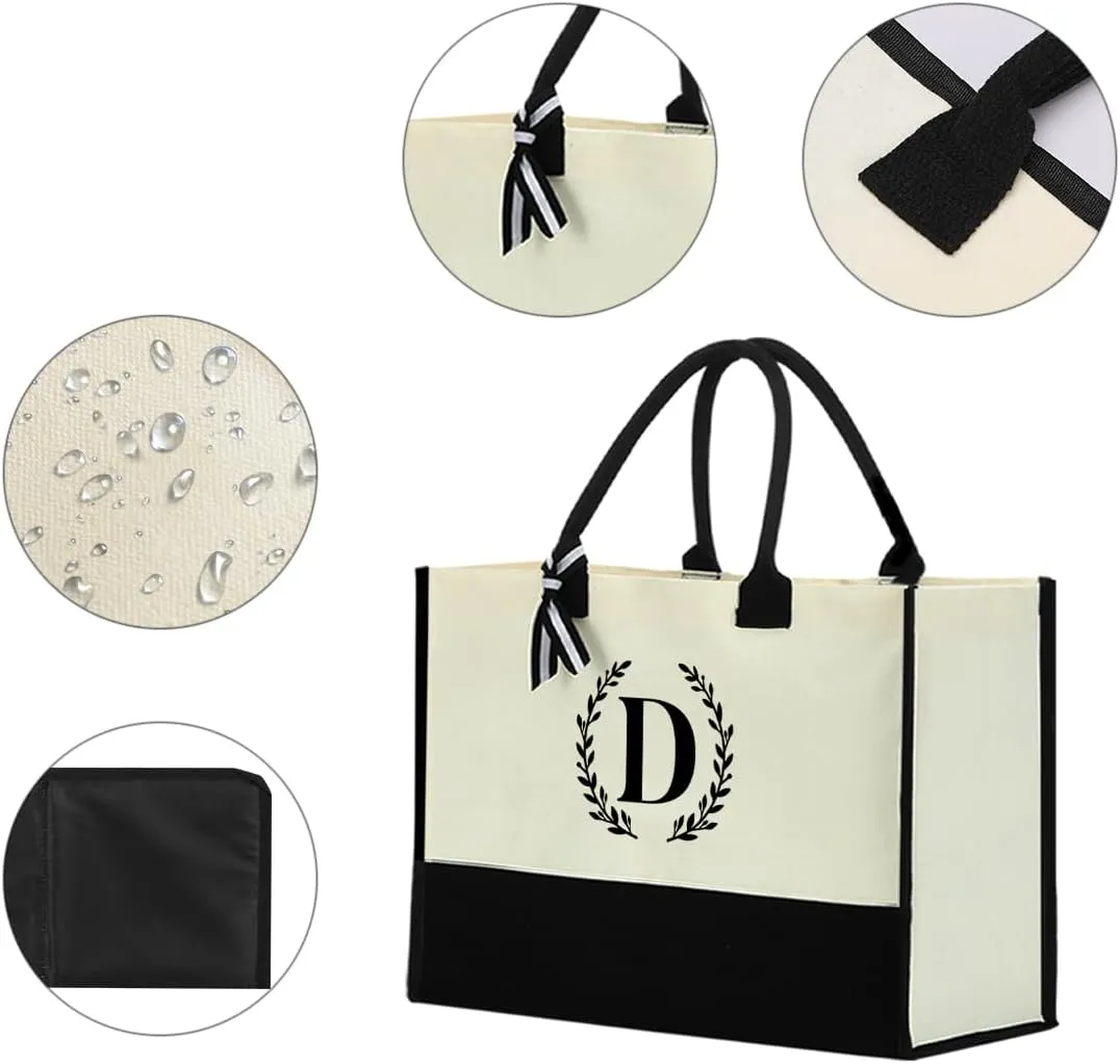 Personalized Tote Bag, Monogrammed Gifts for Women Bride Initial Reusable Grocery Bags for Wedding Bridal Shower