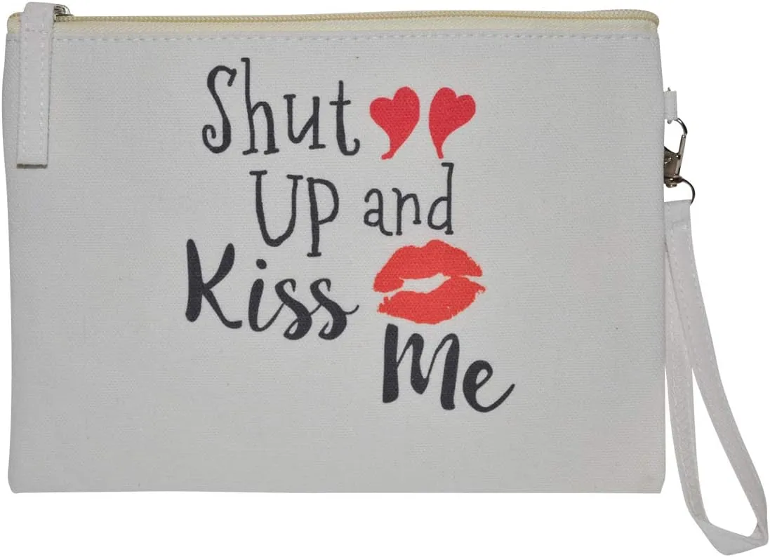 Popfizzy Cosmetic Bag with Sayings - Large Funny Makeup Bags - Womens Gift Makeup Bags with Quotes - Cute Storage Bag for Travel - Funny Pack for Women (Shut up and Kiss Me)