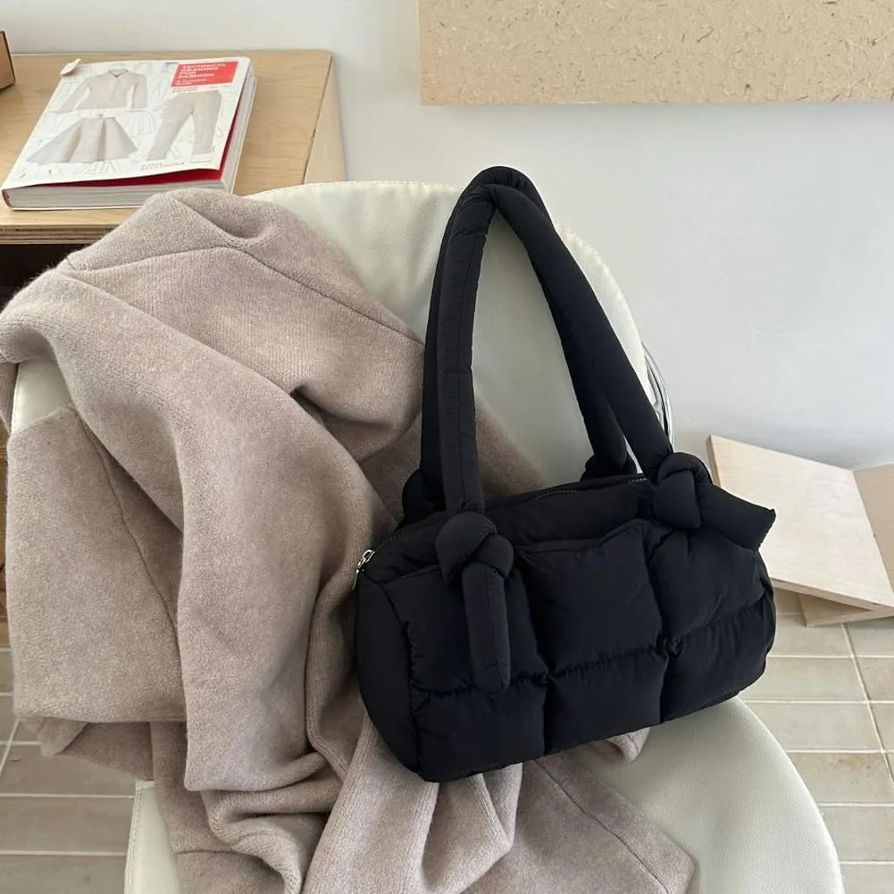 Puffer Tote Bag for Women Knotted Quilted Puffy Underarm Shoulder Bag Trendy Y2k Purse Handbag Padded Top Handle Bag